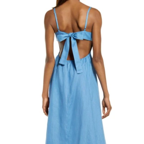 REFORMATION STARFRUIT SLEEVELESS OPEN BACK LINEN PARISIAN BLUE MIDI DRESS sz 12 - Picture 2 of 10